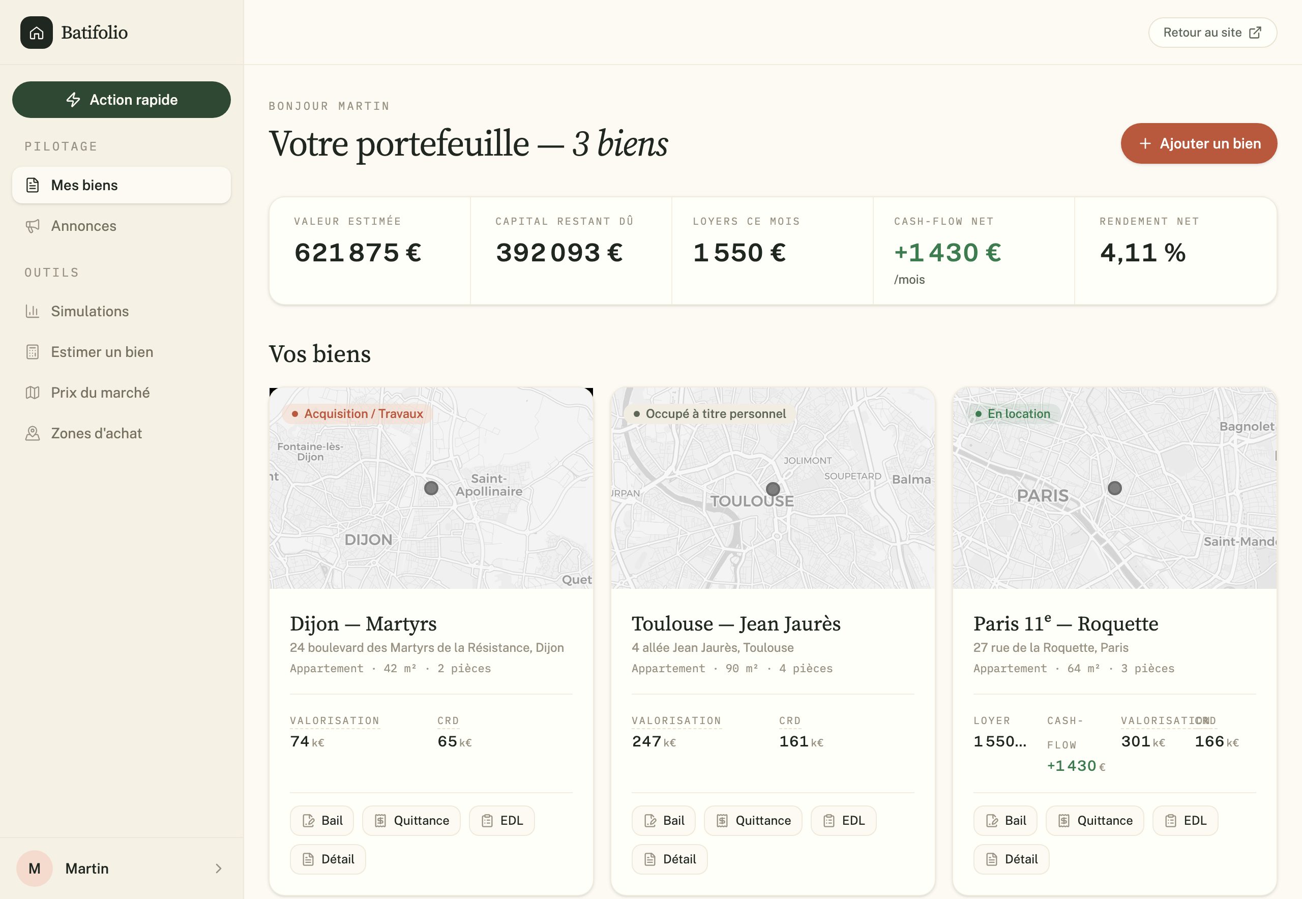 Tableau de bord Batifolio : portefeuille de trois biens avec valeur estimée, capital restant dû, loyers et cash-flow net