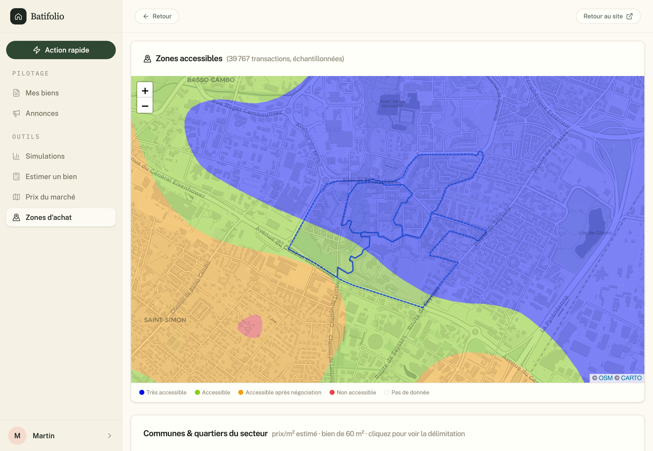 Zones d’achat : carte d’accessibilité colorée des prix au m² autour de Toulouse, zones vertes accessibles selon le budget et liste des quartiers du secteur